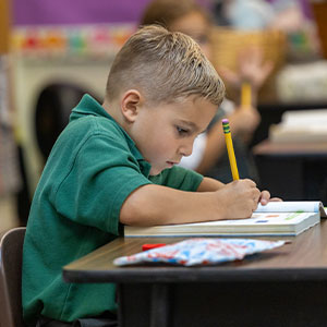 young boy student writing with pencil at desk